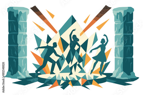 Icy Dance Showcase. Frozen stage performance. Carved ice columns surround a glowing platform where dancers’