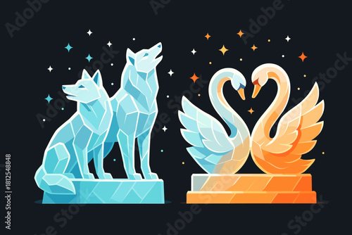 Illuminated Ice Animals. Carved ice animals. Crystal-clear wolves and swans glow as colored lights sweep