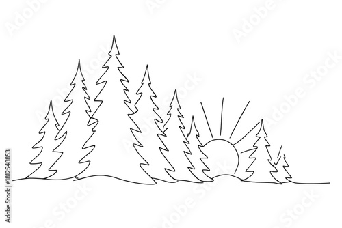 Minimalist Snowy Woodland. Frosted woodland sunset. Minimalistic one-line drawing dense snowy trees with