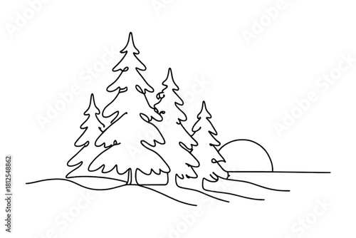 Winter Forest Silhouette. Winter forest sunset. Minimalistic one-line drawing cluster of snow-laden trees with