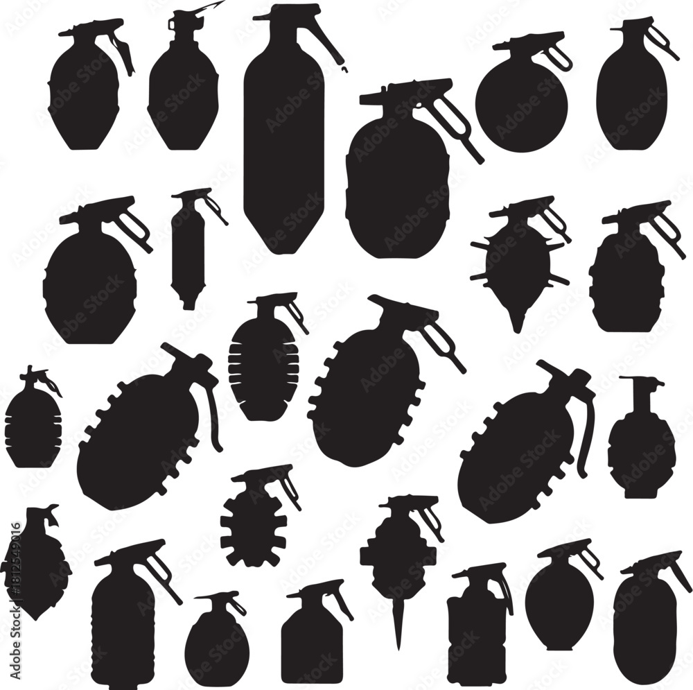 Fototapeta premium Collection of black grenade silhouettes on white background