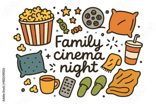 Family Cinema Night Doodles. Family cinema night. Hand-drawn doodle illustration of Family cinema night.