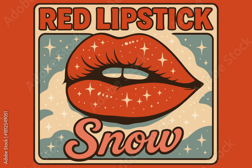 Groovy Lipstick Contrast. Red lipstick and white snow contrast. 70s poster vibe, cool–warm festive contrast,