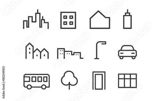Urban Skyline Icons. Urban silhouettes. Line outline icon set of Urban silhouettes: city skyline, apartment