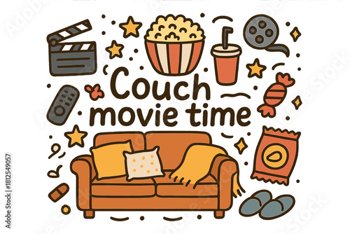 Cozy Movie Night. Couch movie time. Hand-drawn doodle illustration of Couch movie time. cozy couch pillows,