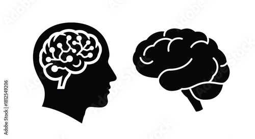 Human head profile with brain illustration alongside a separate brain depiction