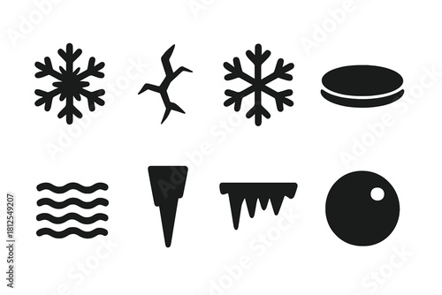 Frozen Surfaces Icon Set. Frozen surfaces. Filled icon set of Frozen surfaces: frost crystals, ice crack,