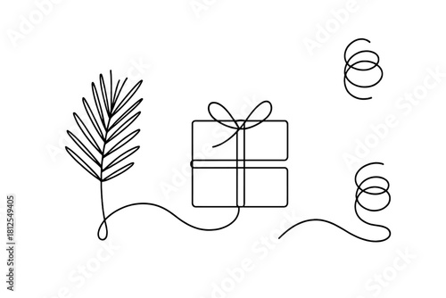 Minimalist Tree Gift Wrap. Tree-themed wrapping flat lay. Minimalistic one-line drawing pine sprig, gift box,