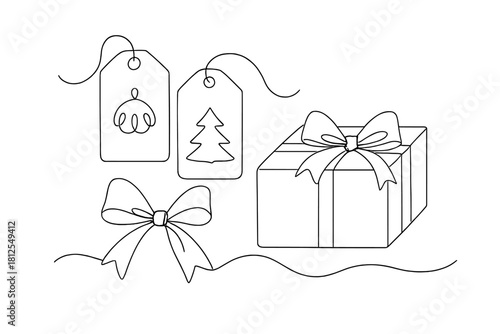 Minimalist Christmas Wrapping. Christmas tag and wrap flat lay. Minimalistic one-line drawing blank tags,