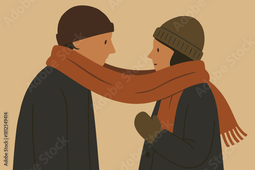 Cozy Scarf Sharing. Cozy scarf moment minimalist flat illustration of two figures sharing a long scarf in