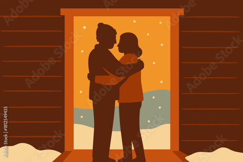 Warm Cabin Embrace. Cabin doorway embrace minimalist flat illustration of two figures framed by a warm cabin