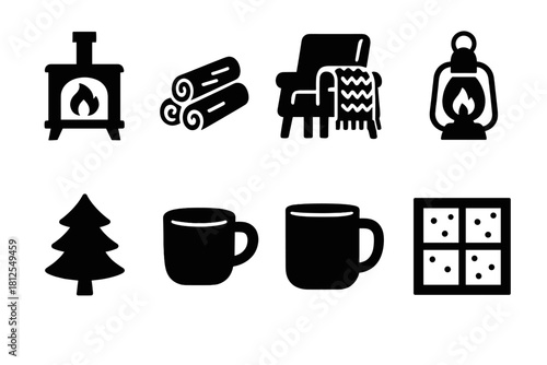 Winter Cabin Icons. Winter cabin interior. Filled icon set of Winter cabin interior: wood stove, logs, chair,