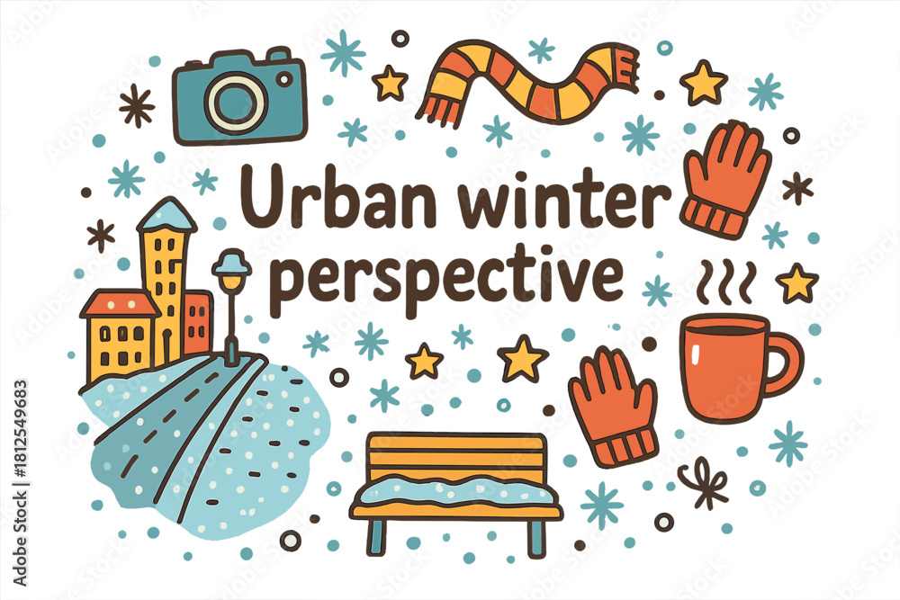 Obraz premium Urban Winter Doodles. Urban winter perspective. Hand-drawn doodle illustration of Urban winter perspective.