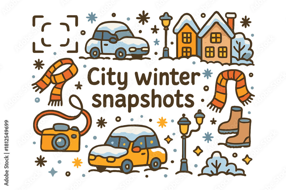 Naklejka premium City Winter Doodles. City winter snapshots. Hand-drawn doodle illustration of City winter snapshots.