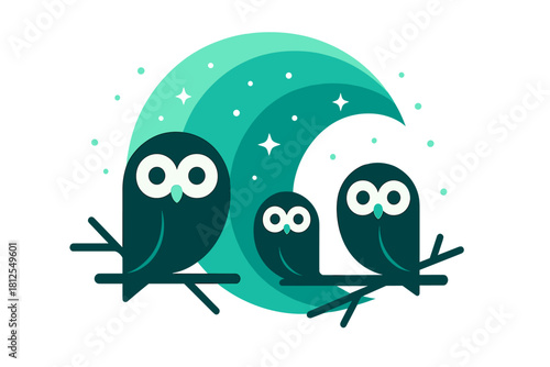 Owls and Aurora. Owls and Aurora. Flat minimalist vector illustration of Owls and Aurora. Rounded owl shapes