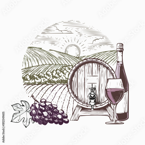 Vintage hand-drawn vector of a wine glass with vineyard scenery, featuring grapes, a barrel, and a bottle in detailed engraved landscape style.