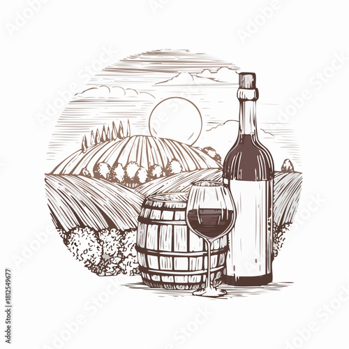 Vintage hand-drawn vector of a wine glass with vineyard scenery, featuring grapes, a barrel, and a bottle in detailed engraved landscape style.
