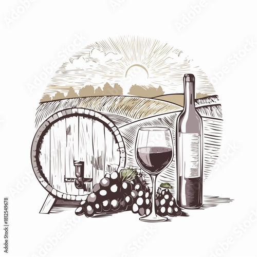 Vintage hand-drawn vector of a wine glass with vineyard scenery, featuring grapes, a barrel, and a bottle in detailed engraved landscape style.