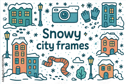 Snowy City Frames. Snowy city frames. Hand-drawn doodle illustration of Snowy city frames. camera frame icon,