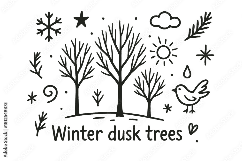 Obraz premium Winter Dusk Trees. Winter dusk trees. Hand-drawn doodle illustration of Winter dusk trees. Central doodle