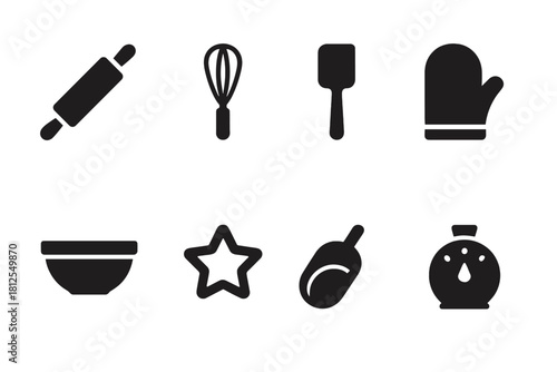 Baking Tool Icons. Baking essentials. Filled icon set of Baking essentials: rolling pin, whisk, spatula, oven
