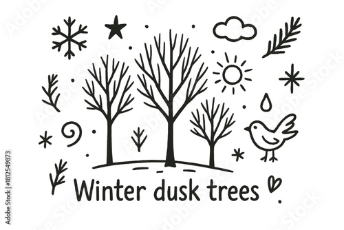 Winter Dusk Trees. Winter dusk trees. Hand-drawn doodle illustration of Winter dusk trees. Central doodle