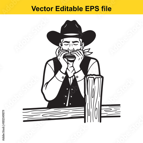Black and white vector illustration of a cowboy wearing a hat and bandana playing a harmonica while leaning on a wooden fence post, isolated on