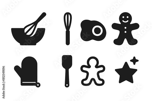 Festive Baking Icons. Festive baking time. Filled icon set of Festive baking time: mixing bowl, whisk, cookie