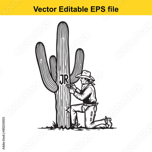 Vintage cowboy carving initials jr into a large saguaro cactus in the desert, isolated on