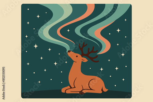 Reindeer Under Auroras. Reindeer stargaze minimalist flat illustration of a reindeer looking upward at aurora