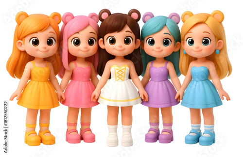 Five Girls With Bear Ear Hairstyle And Wearing Dresses In Pink And Yellow And White And Purple And Blue.eps