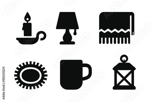 Cozy Warm Icon Set. Warm interior details. Filled icon set of Warm interior details: candle holder, table lamp