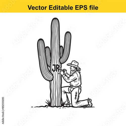 Black and white line art vector illustration of a cowboy kneeling and carving initials into a large saguaro cactus in the desert, isolated on