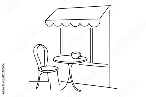 Minimalist Café Sketch. Warm street café. Minimalistic one-line drawing exterior table, cup silhouette, and