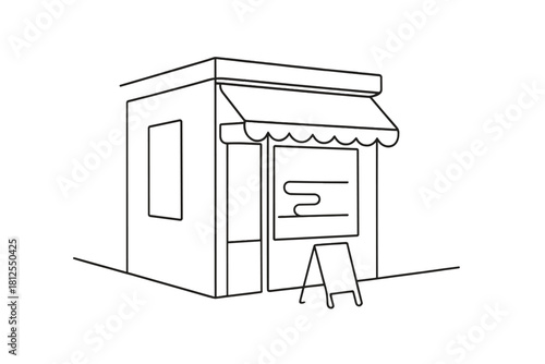 Minimalist Coffee Shop. Corner coffee shop. Minimalistic one-line drawing L-shaped storefront with window and