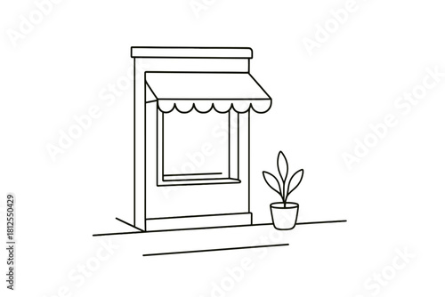 Minimalist Café Sketch. Café on quiet street. Minimalistic one-line drawing small cafe window with simple