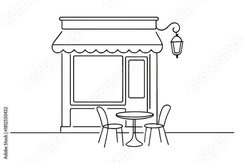 Minimalist Café Glow. Evening café exterior. Minimalistic one-line drawing glowing shop window and simple