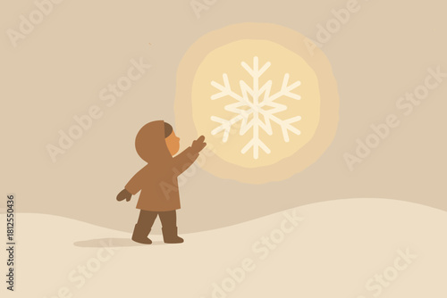 Glowing Snowflake Discovery. Child discovering glowing snowflake minimalist flat illustration of a small