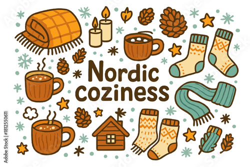 Nordic Coziness Doodle. Nordic coziness. Hand-drawn doodle illustration of Nordic coziness. wool blanket,