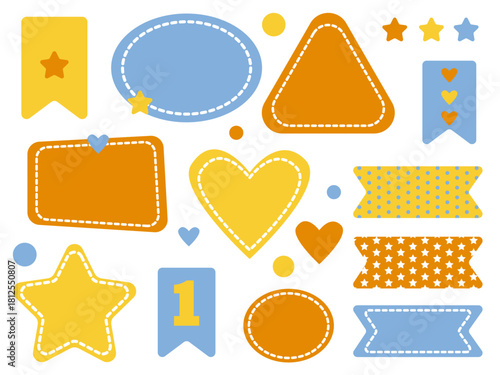 A set of brightly colored shapes for decoration and design with a star, rectangle, circle, star, and flags