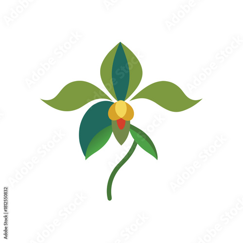 Stylized green orchid flower with yellow and red accents