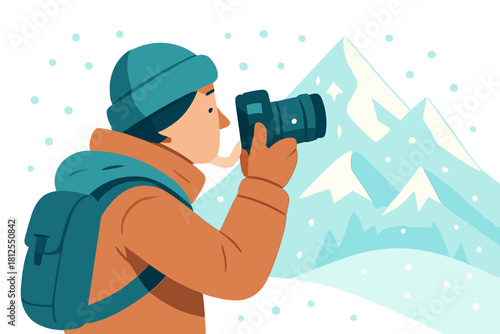 Capturing Winter's Charm. Tourist taking winter photos. A traveler lifts a camera toward snowy peaks as soft