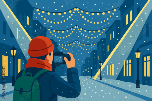 Festive Snowy Street Lights. Snowy city photo moment. A tourist captures festive street lights as snow falls