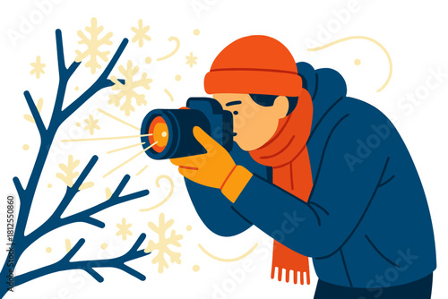 Capturing Winter's Details. Tourist shooting frosty details. They lean close to icy branches, flakes hovering