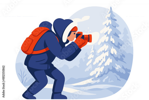 Frosty Winter Photography. Winter explorer snapshot. A photographer leans forward, capturing frosty trees as