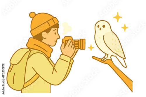 Capturing Snowy Bird Moment. Traveler photographing wildlife. A tourist quietly snaps a snowy bird perched