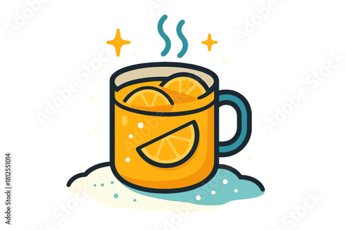 Winter Cider Delight. Cider and orange slices. A mug rests on a snowy table, with slices drifting slightly