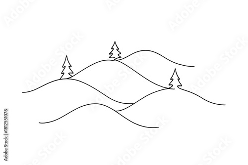 Minimalist Snowy Hills. Frosted paper hills. Minimalistic one-line drawing stepped snow mounds with scattered
