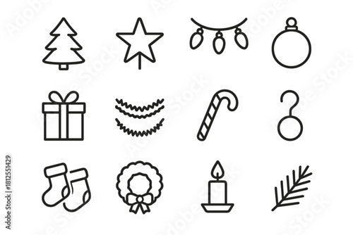 Christmas Icon Set. Christmas tree decorating at home. Line outline icon set of Christmas tree decorating at