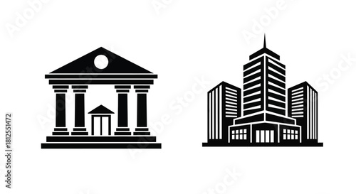 Black and white illustration depicting a classical building and a modern skyscraper